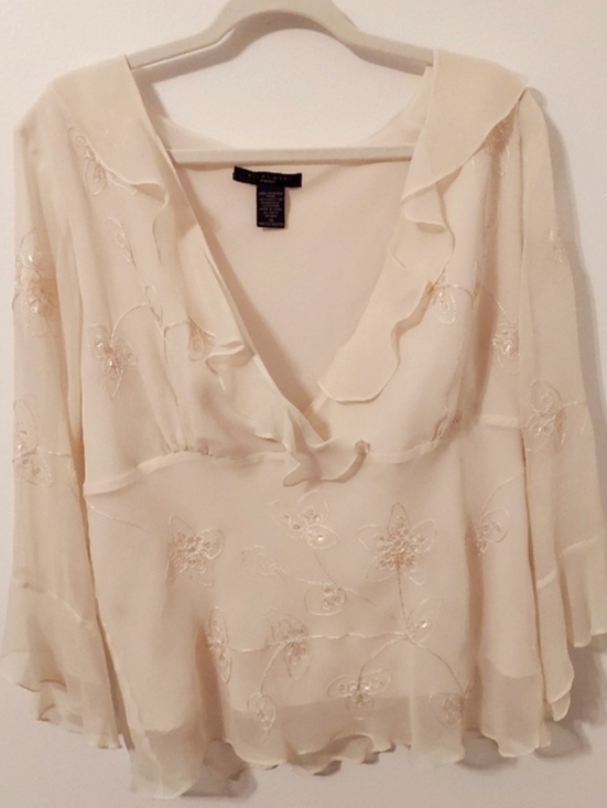 SilkLand Tops - Silkland Blouse, Size 1X, Cream, Sheer, Lined, Embroidery